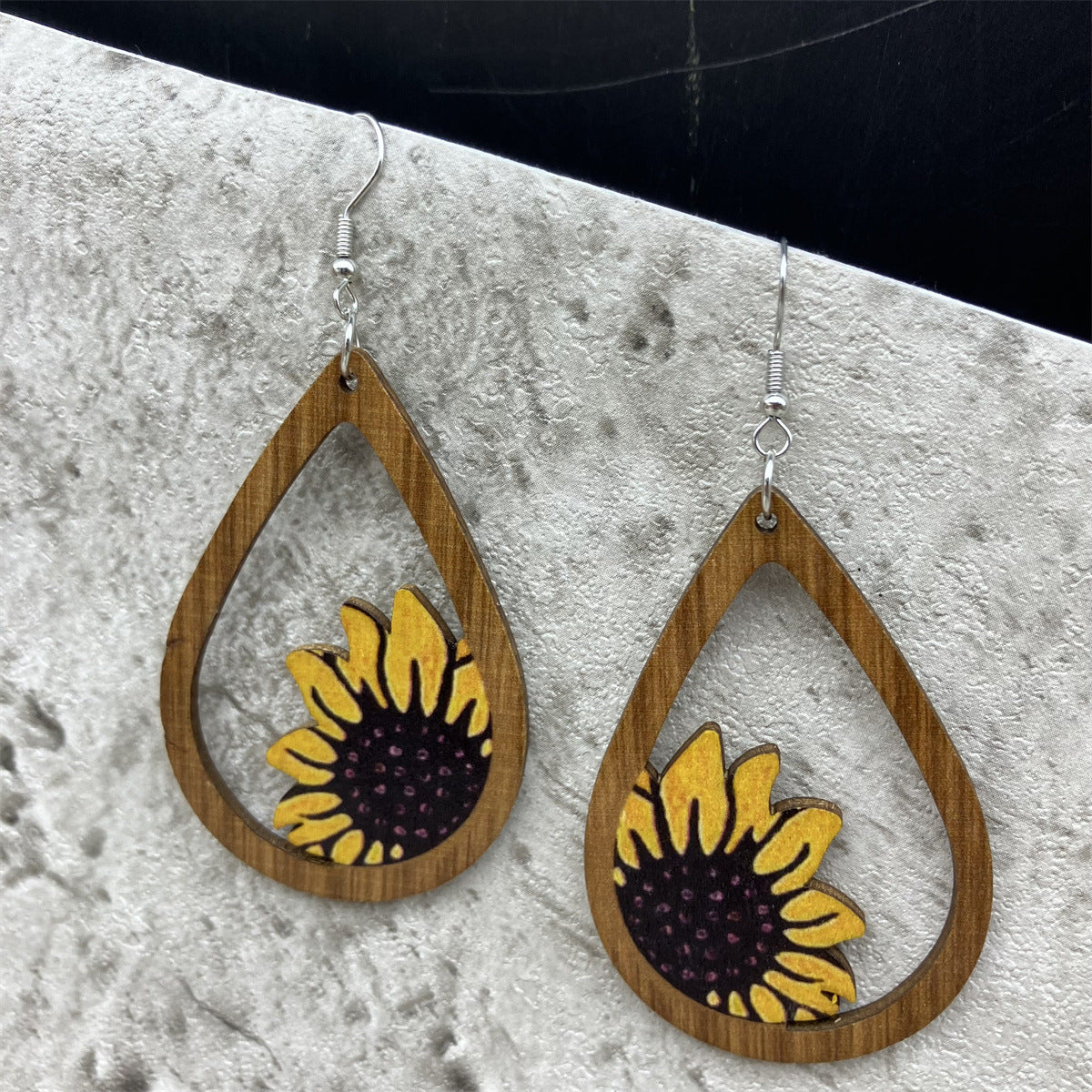 Sunflower Wooden Vintage Large Earrings