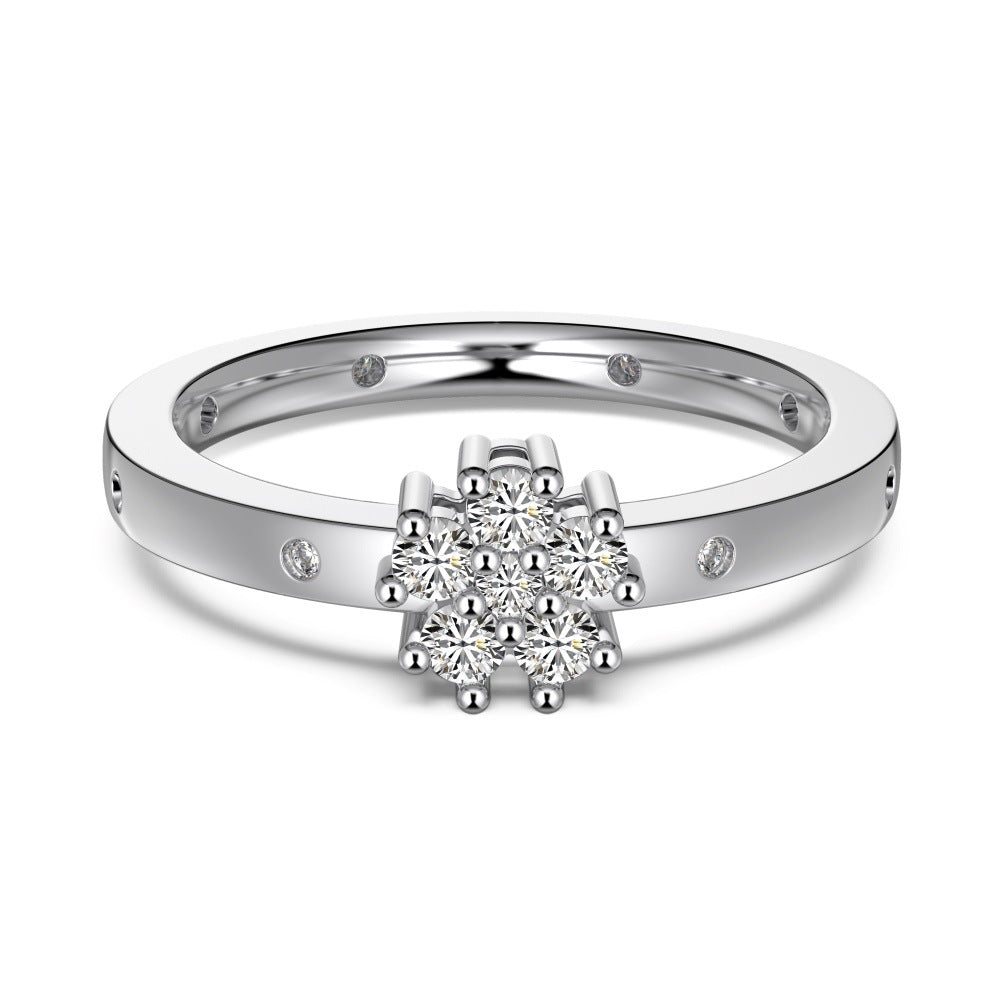 Silver S925 White Round Zirconium Inlaid Flower Ring