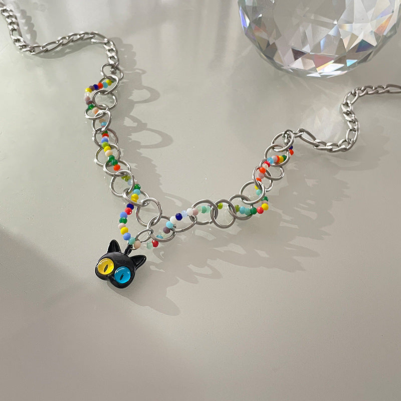 Women's Colorful Beaded Ring Cat Necklace