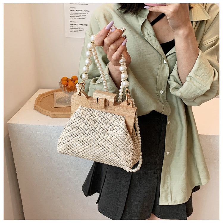 Women's Straw Beach Pearl Chain Woven Shoulder Bag