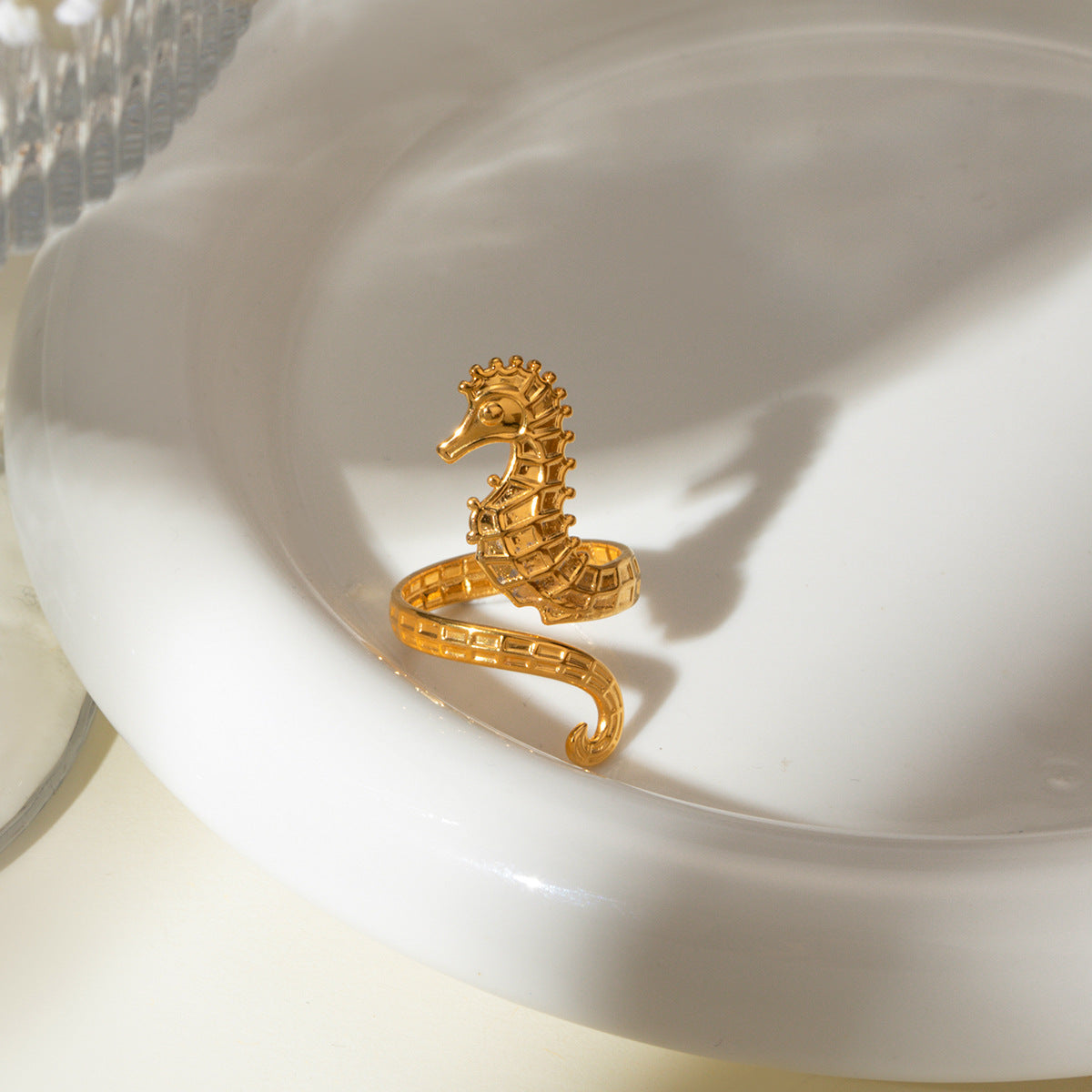 Ocean 18K Gold Stainless Steel Seahorse Opening Ring