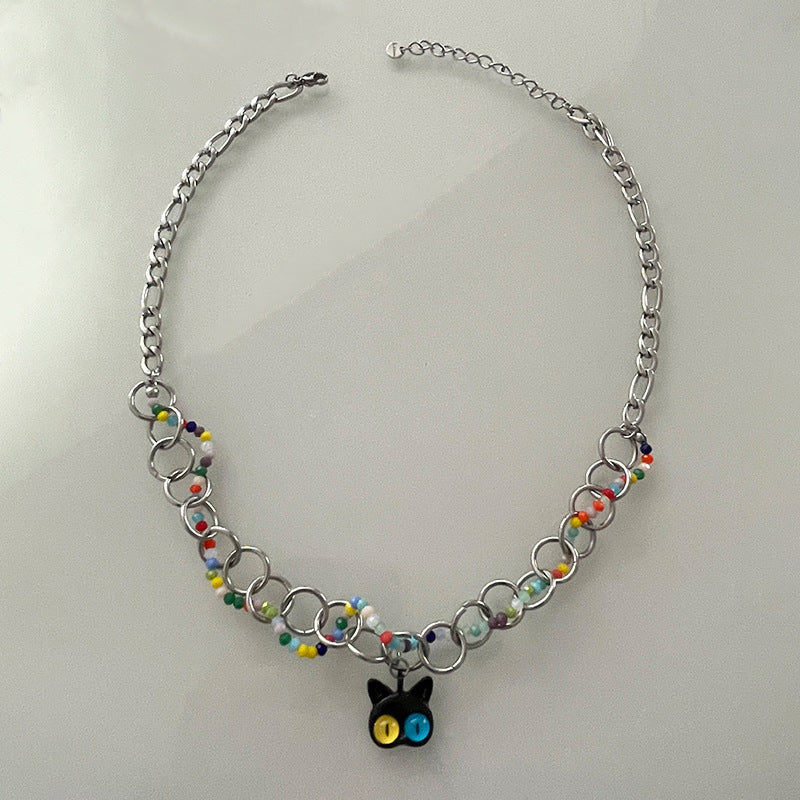 Women's Colorful Beaded Ring Cat Necklace