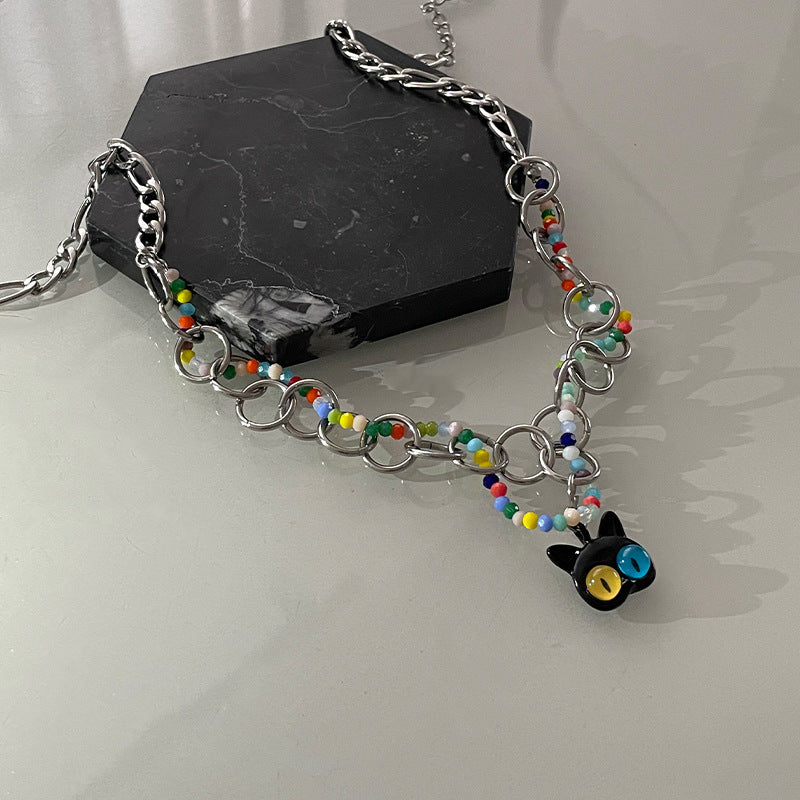 Women's Colorful Beaded Ring Cat Necklace