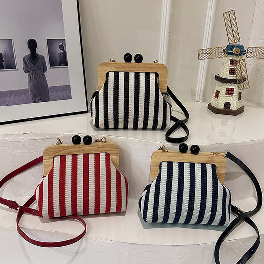 Striped Canvas Wooden Clip-mouth Clutch Bag