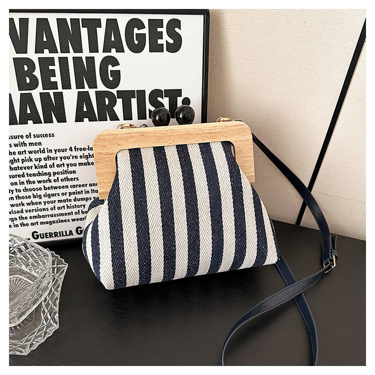 Striped Canvas Wooden Clip-mouth Clutch Bag