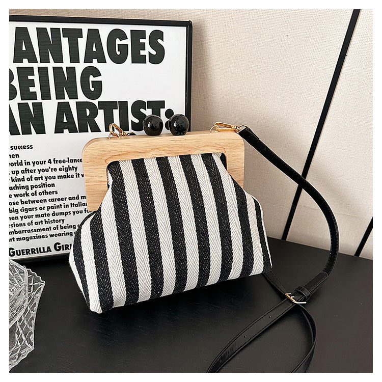 Striped Canvas Wooden Clip-mouth Clutch Bag