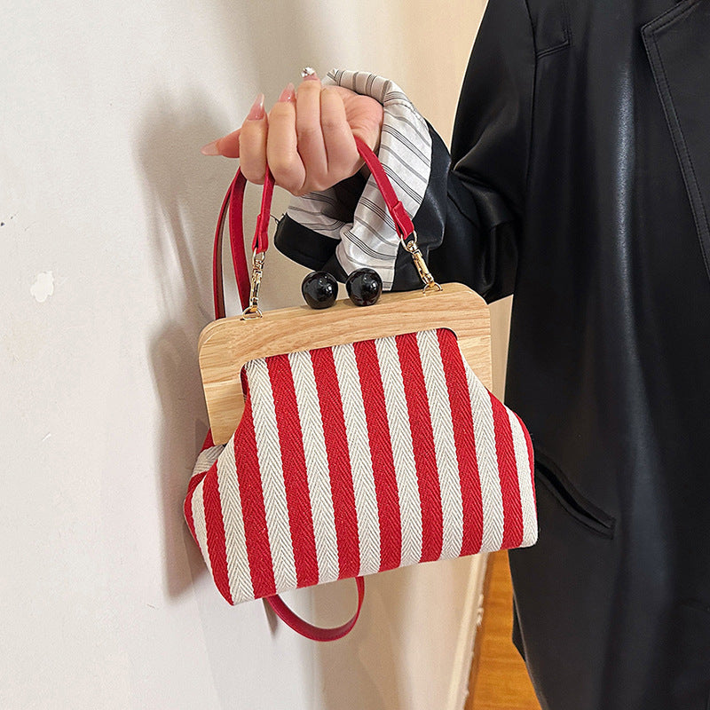 Striped Canvas Wooden Clip-mouth Clutch Bag