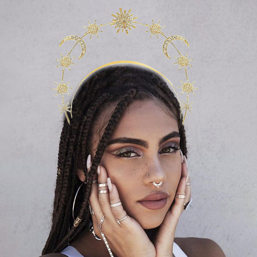 Fashion Sun Goddess Double-layer Headband Six-pointed Star Moon Alloy Crystal