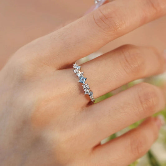 S925 Sterling Silver Pentagram White Blue Zircon Ring