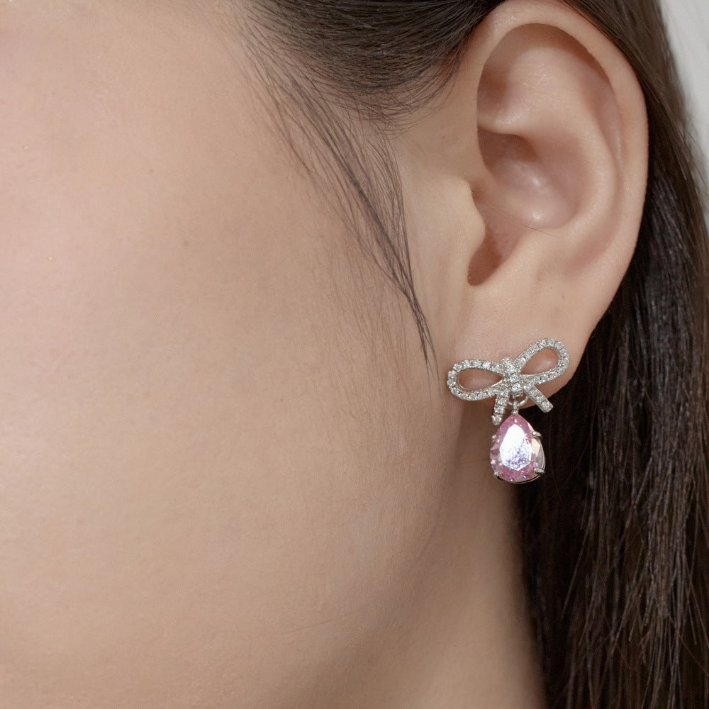 Silver S925 Pear-shaped Water Drop Bow Earrings