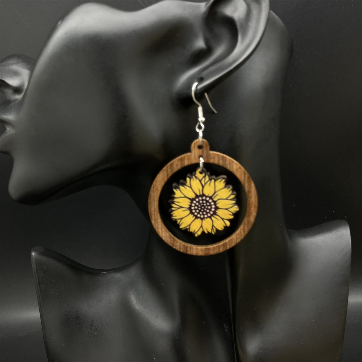 Sunflower Wooden Vintage Large Earrings