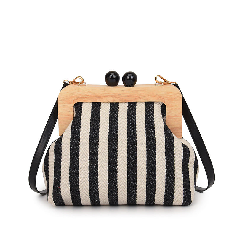 Striped Canvas Wooden Clip-mouth Clutch Bag