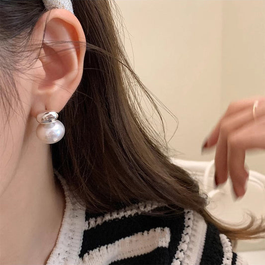S925 Sterling Silver Oval Sliver Beads Artificial Pearl Earrings
