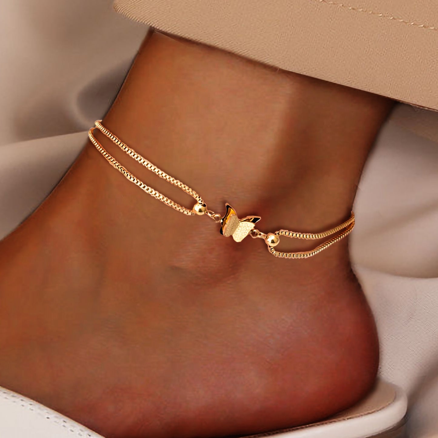 Butterfly Pendant Layered Anklet