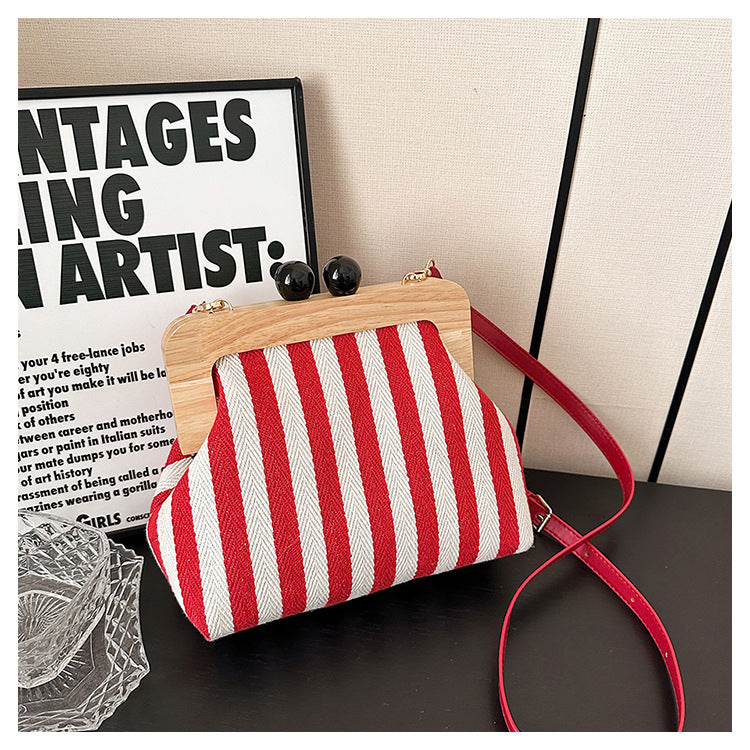 Striped Canvas Wooden Clip-mouth Clutch Bag