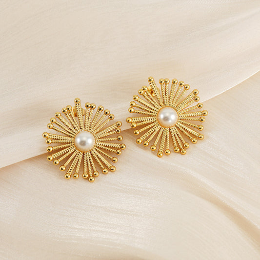 Gold Stainless Steel Flower Pearl Stud Earrings