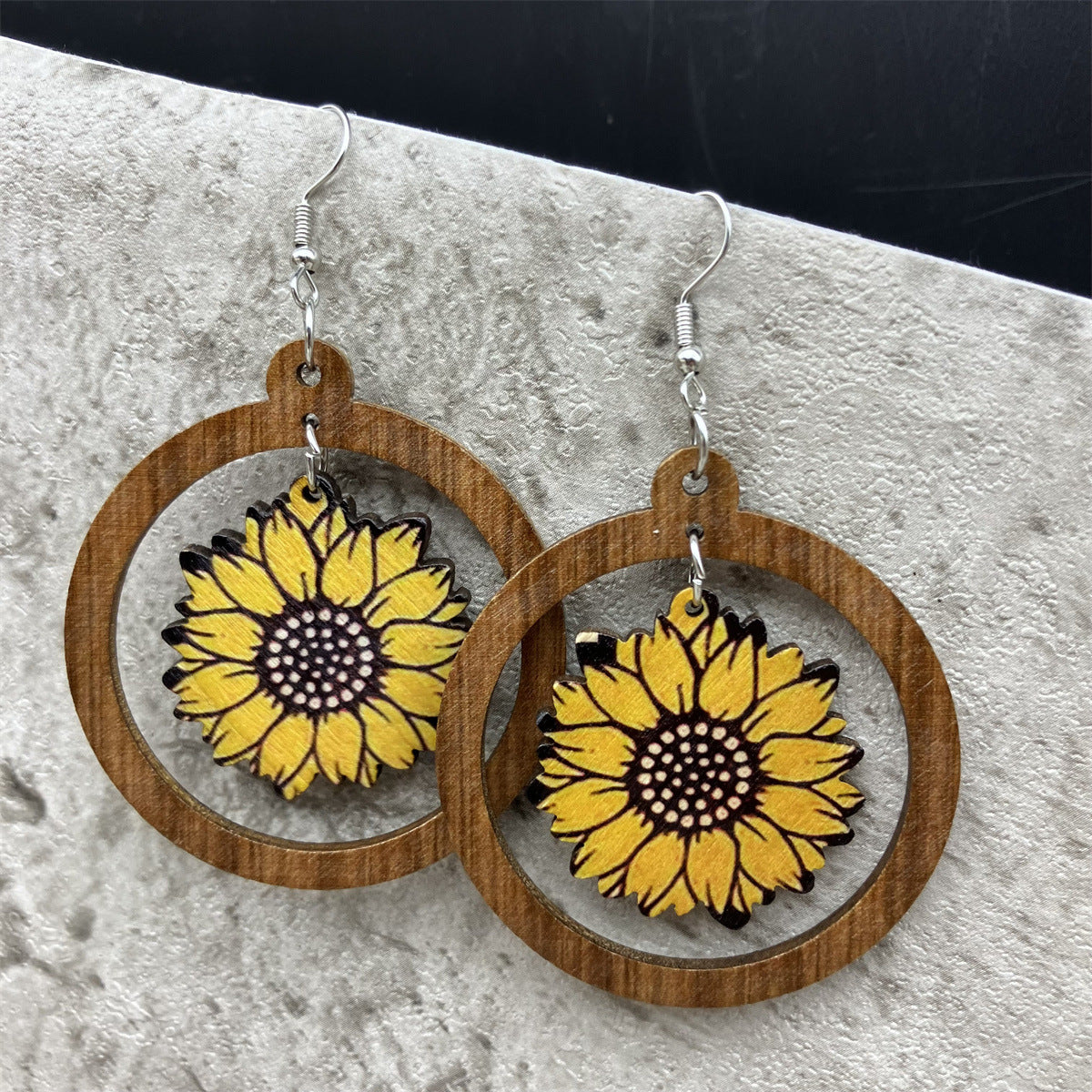 Sunflower Wooden Vintage Large Earrings