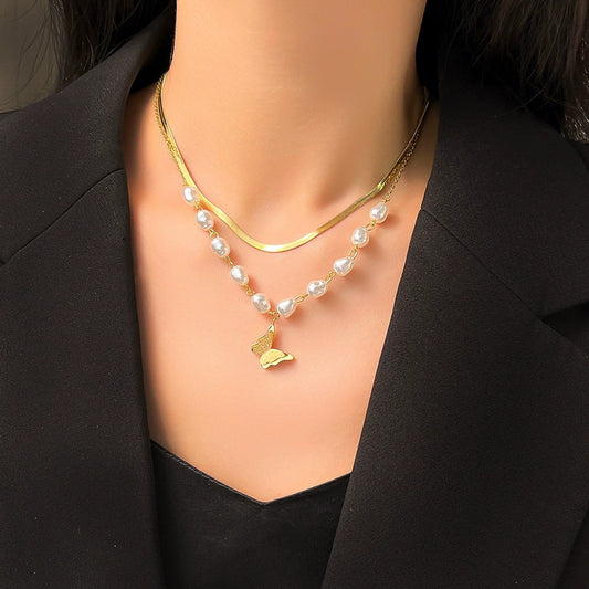 Double Layer Twin Pearl Necklace Female Hip Hop Butterfly