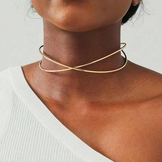 Stainless Steel Simple Geometric Line Cross Collar Necklace