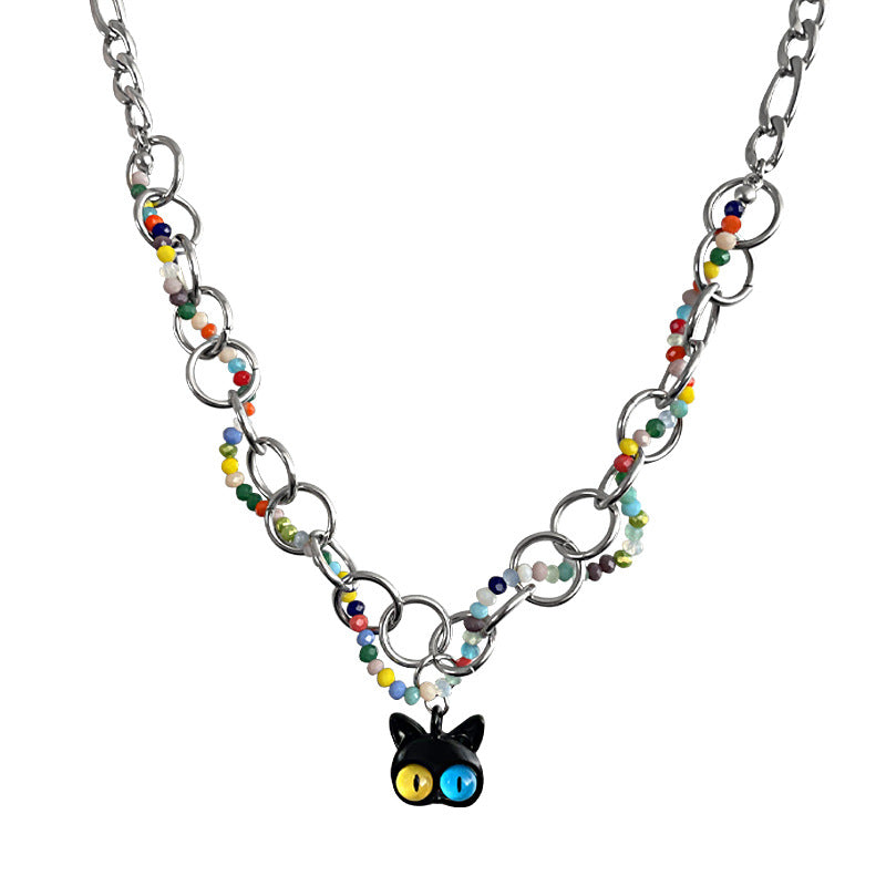 Women's Colorful Beaded Ring Cat Necklace