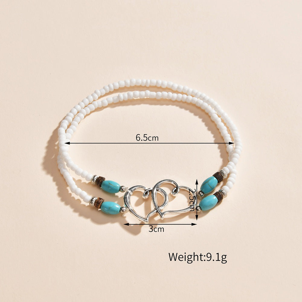 Double Heart Bead Turquoise Elastic Anklet