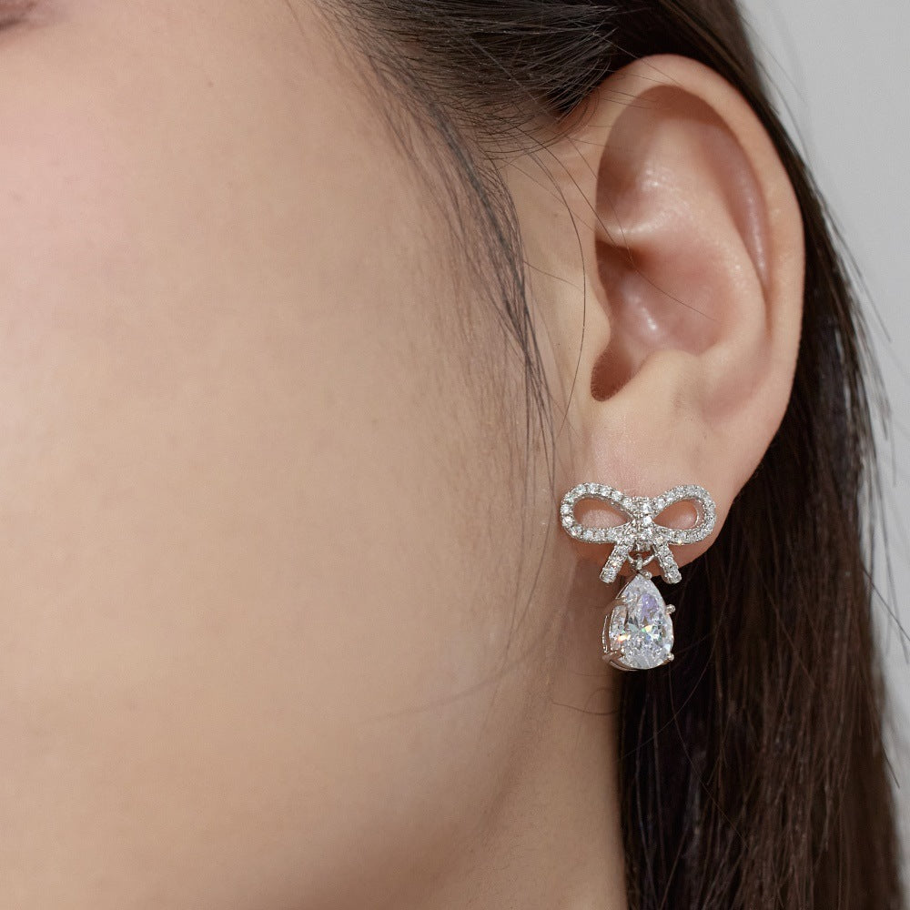 Silver S925 Pear-shaped Water Drop Bow Earrings