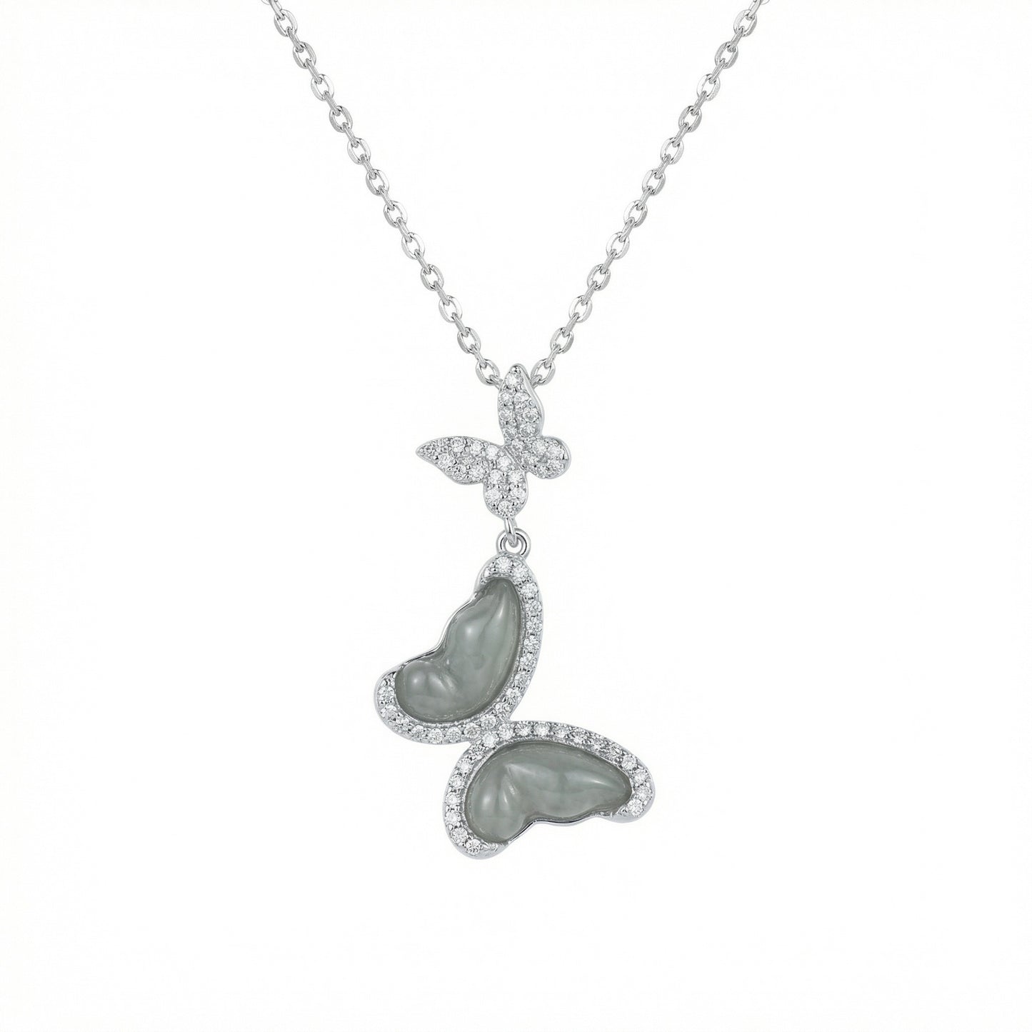 925 Sterling Silver Elegant Double Butterfly Pendant Necklace with Grey Gemstones and Crystals