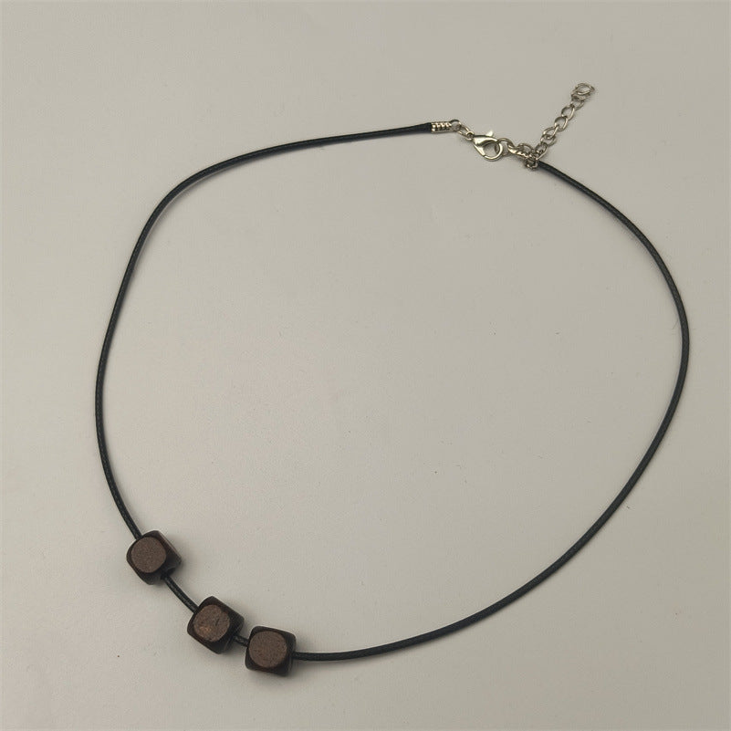 Bohemian Retro Style Black Braided Leather Rope Wooden Beaded Necklace