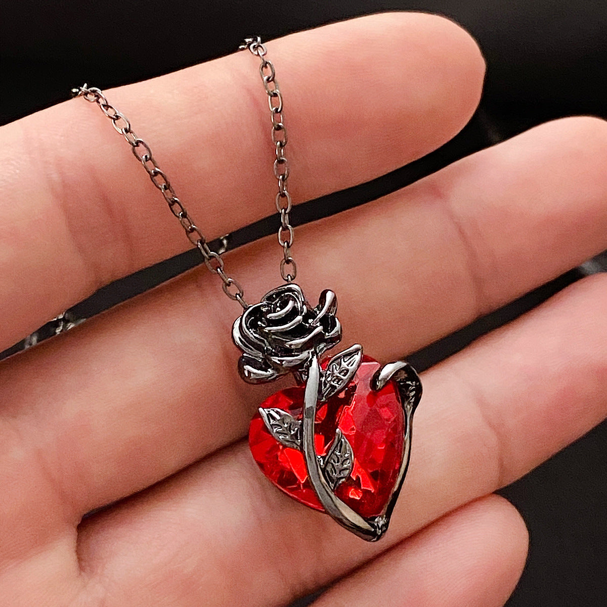 Heart Rose Flower Chain Pendant Necklace