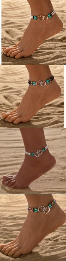 Double Heart Bead Turquoise Elastic Anklet