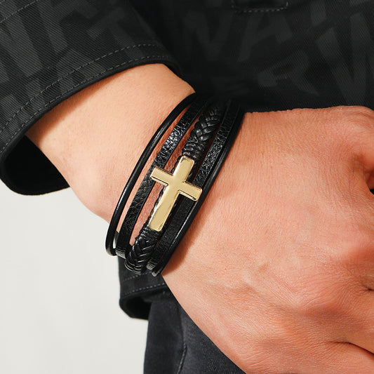 Handmade Cross Leather Men's Multi-layer Bracelet