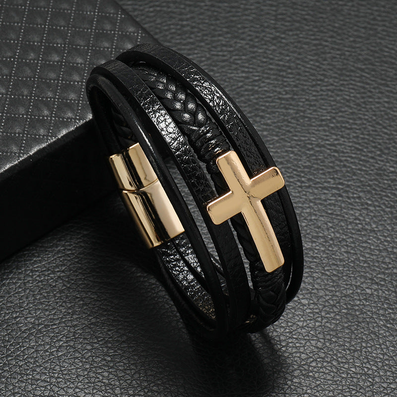 Handmade Cross Leather Men's Multi-layer Bracelet