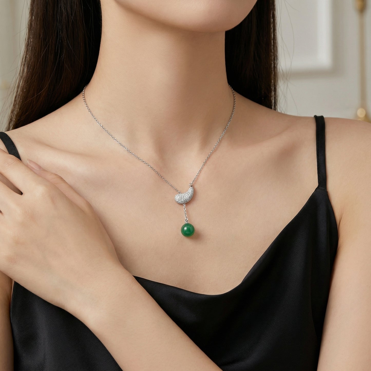 925 Sterling Silver Elegant Pave-Set Bean and Green Gemstone Round Bead Drop Pendant Necklace in Silver Tone