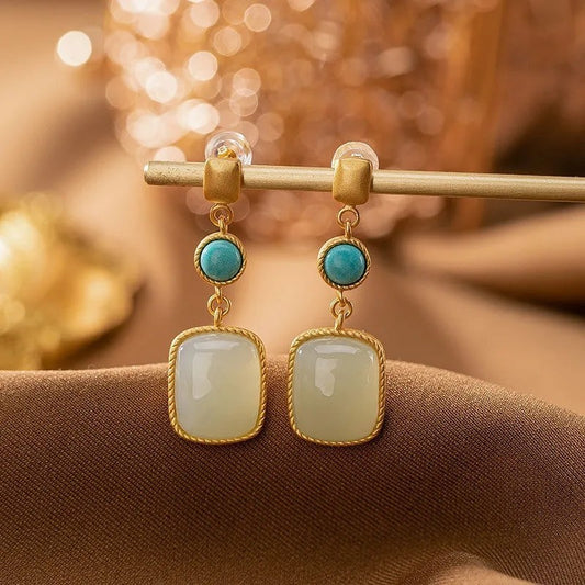Square Hetian Jade Earrings Women