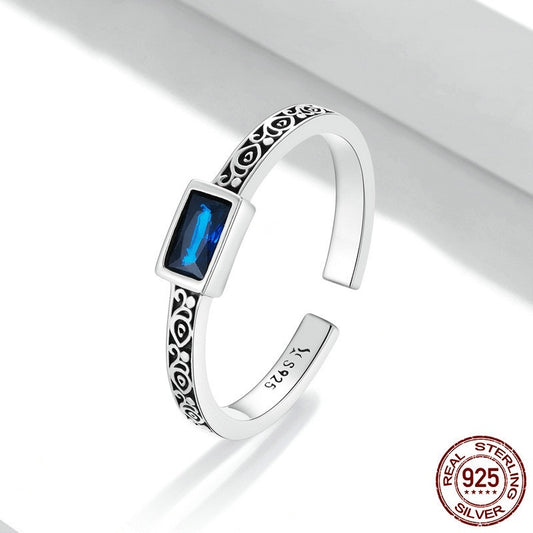 Sterling Silver Retro Pattern Square Zirconium Open Ring