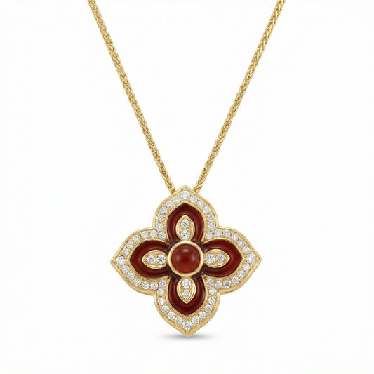 925 Sterling Silver Vibrant Blue and Green Enamel Malachite Diamond Quatrefoil Pendant Necklace