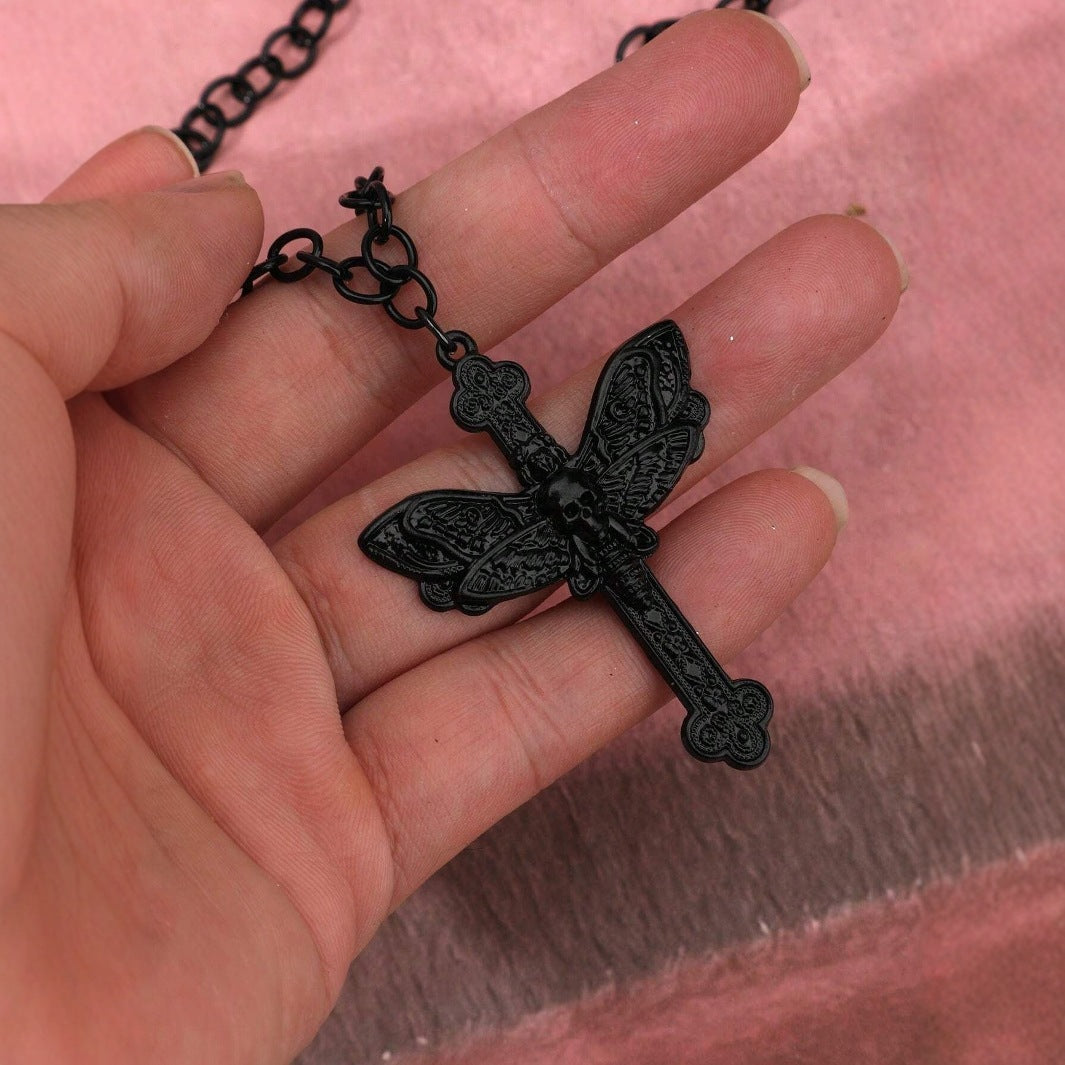 Creative Dark Punk Cross Moth Necklace