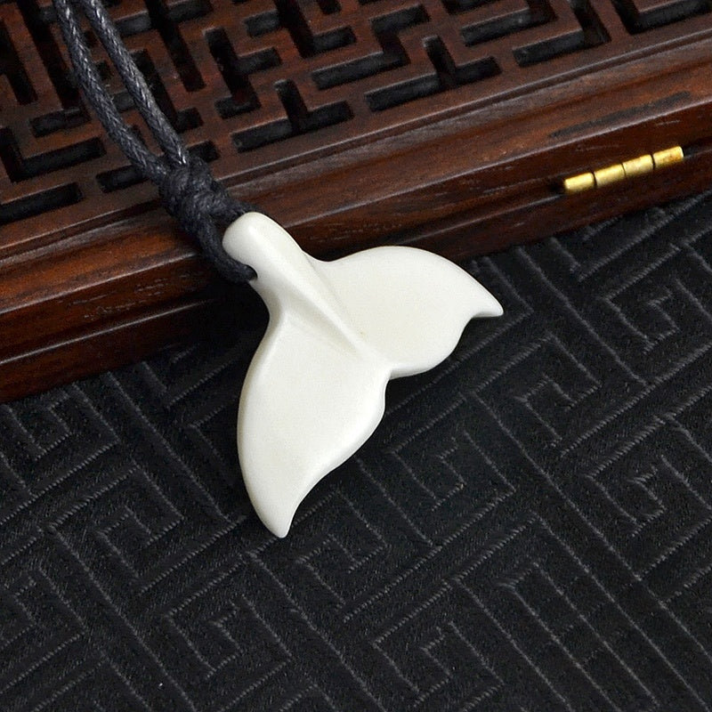 Hand Carved Whale Tail Tibet Yak Bone Pendant Necklace