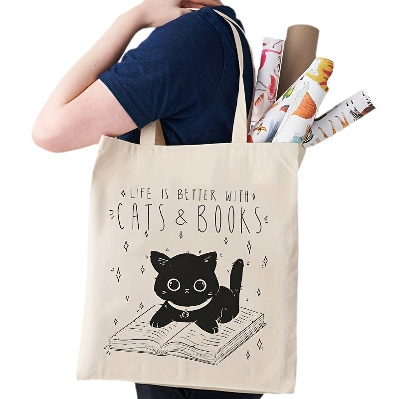 Durable One Shoulder Cat And Book Large Capacity Canvas Bag