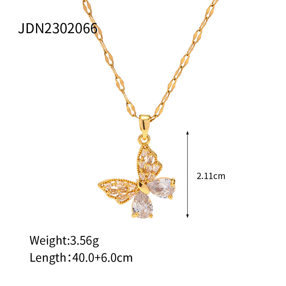 18K Gold Stainless Steel Inlaid White Zircon Butterfly Pendant Necklace