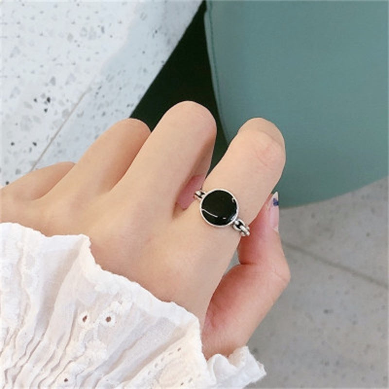 S925 Silver Black Dot Epoxy Round Open Ring