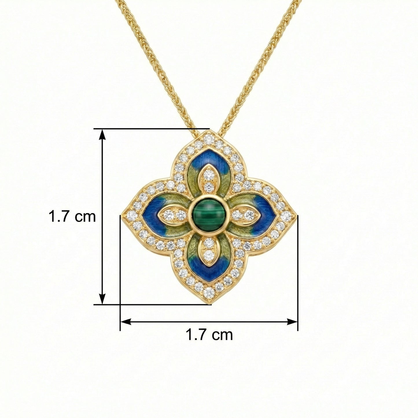 925 Sterling Silver Vibrant Blue and Green Enamel Malachite Diamond Quatrefoil Pendant Necklace