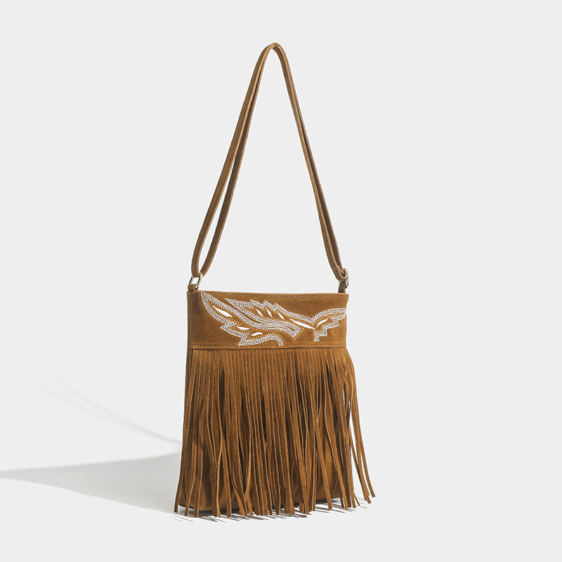 Retro Embroidered Small Square Texture Matte Tassel Bag