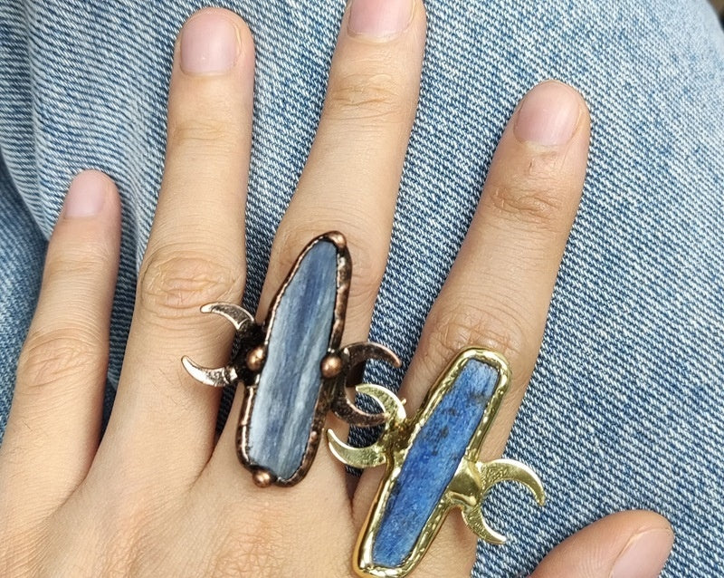 Natural Blue Unshaped Adjustable Double Moon Ring