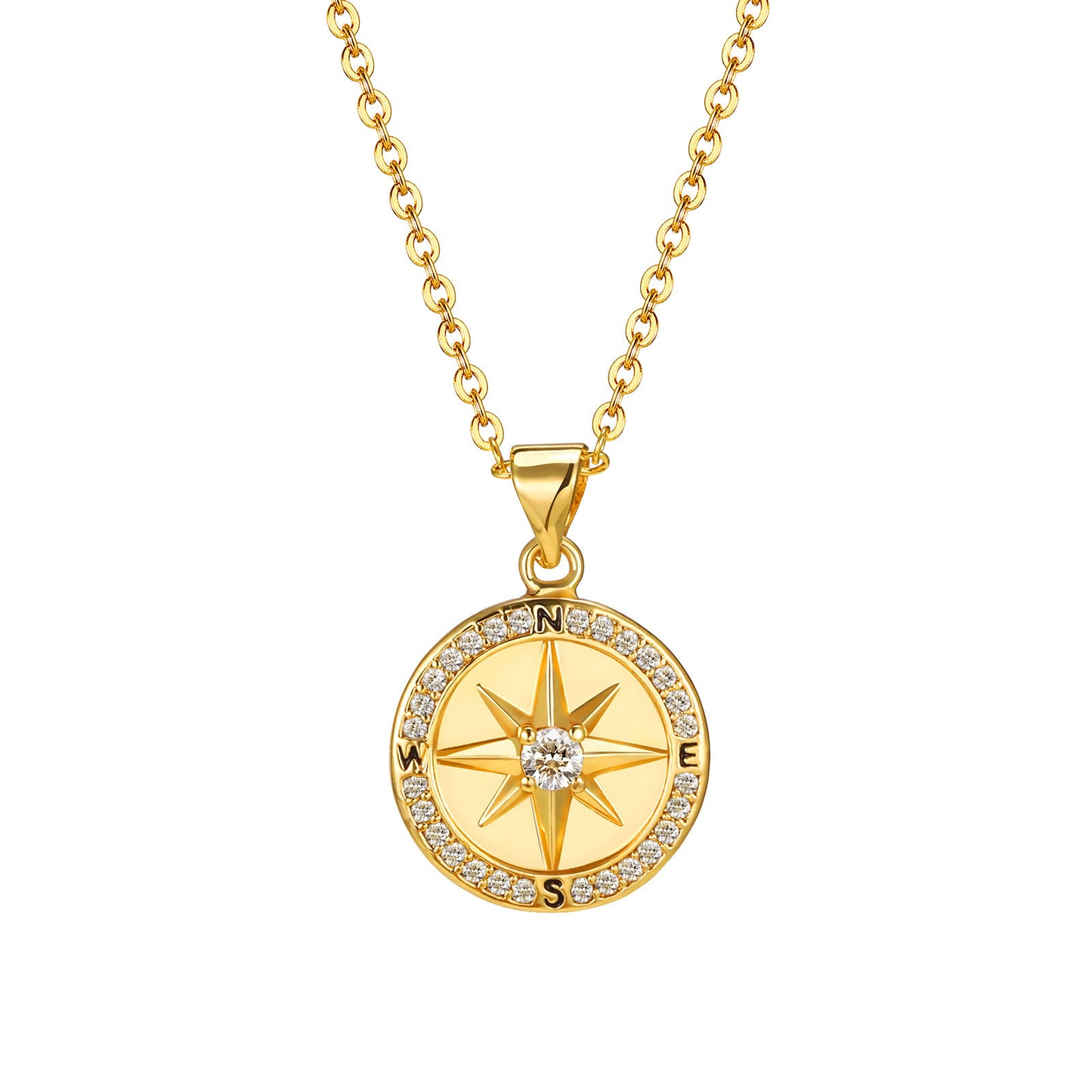 Copper Zircon Compass Round Plate Pendant Gold Necklace