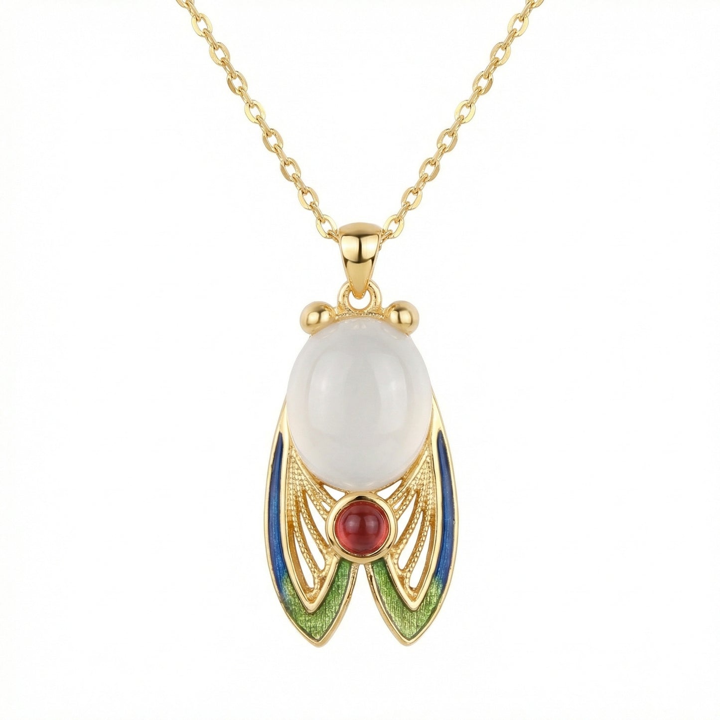 925 Sterling Silver Exquisite Enamel Cicada Pendant Necklace with White and Red Gemstone Accents