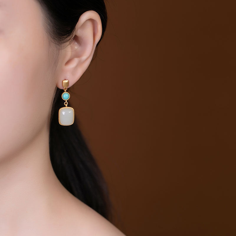 Square Hetian Jade Earrings Women