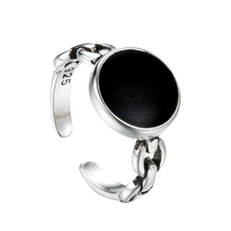 S925 Silver Black Dot Epoxy Round Open Ring