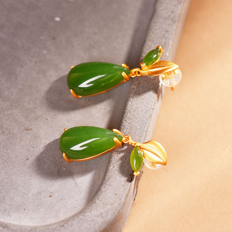 Inlaid Hetian Jade Leaves Gold-plated Earrings