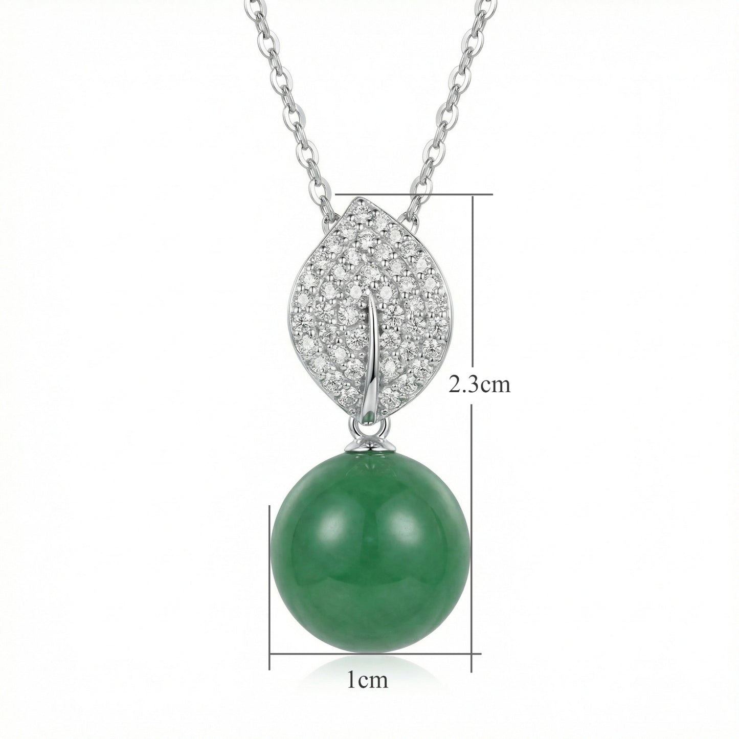 925 Sterling Silver Elegant Silver Necklace featuring a Green Jade Bead and Sparkling Diamond Leaf Bail